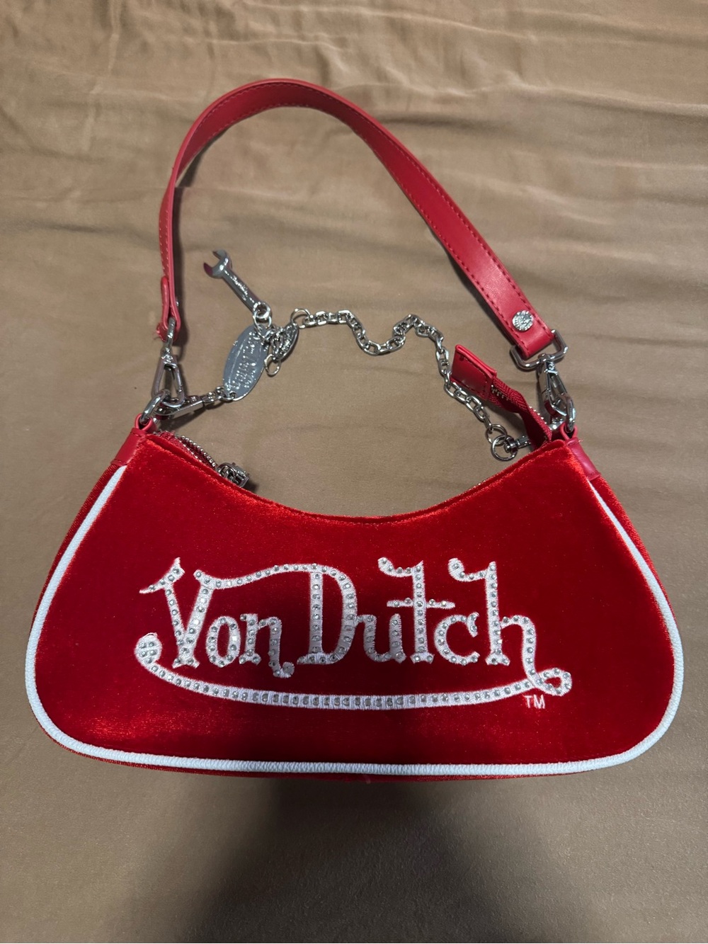 Von Dutch Red Velvet Logo Mini Shoulder Bag with White Trim